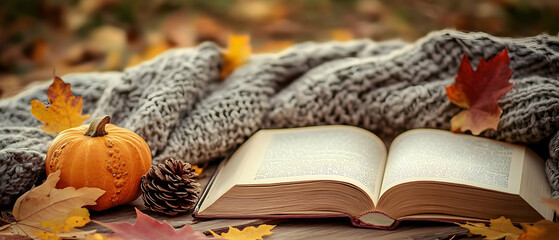 Living room with soft blankets and an open book on the coffee table, capturing a perfect autumn mood  -
