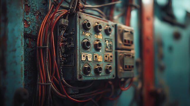 Close-up of a weathered industrial electrical panel with wires and connectors showing age