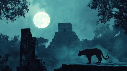Jaguar Guards Ancient Mayan Pyramid Under Moonlight