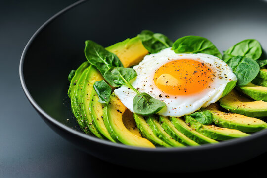 An artfully arranged bowl featuring fresh avocado, a perfectly poached egg, and vibrant spinach. This nutritious dish is a feast for the eyes and a delight for healthy eating enthusiasts.