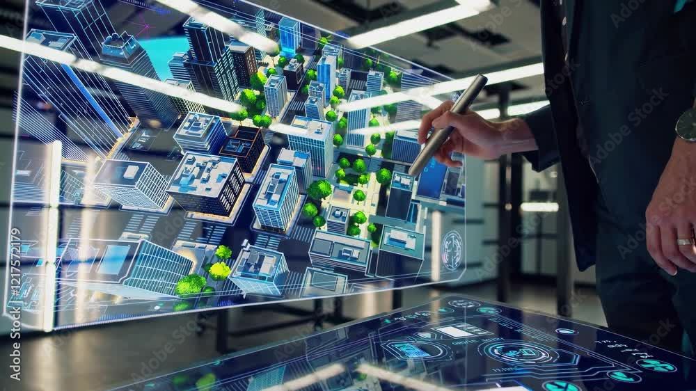 Poster Exploring advanced technology in urban planning with interactive digital displays in a modern office