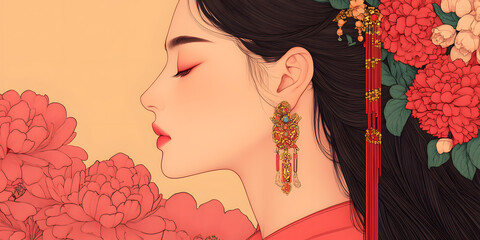 Fototapeta premium Elegant woman profile with ornate earrings and hair adornments, surrounded by delicate pink peonies. A serene and graceful portrait.