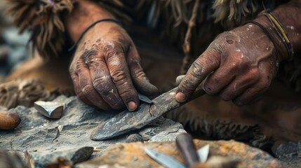 Close-up of a skilled artisan crafting tools with hands covered in dirt and clay.