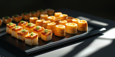 Elegant small bites presented with a geometric focus demonstrate culinary artistry. The intricate design highlights a fusion of gourmet sophistication and modern aesthetics.