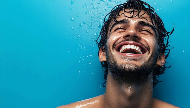 Man with wet hair laughing energetically, set against a vibrant blue background, capturing joy and spontaneity for a memorable moment  -