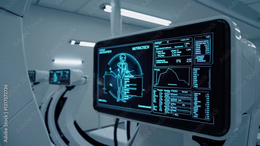 Poster advanced robotic system displays vital data in a high-tech laboratory setup with multiple consoles o