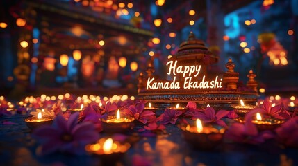Obraz premium A colorful arrangement of glowing diya lamps and flowers in a spiritual setting, celebrating the Kamada Ekadashi festival.
