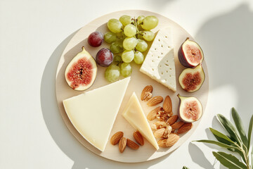 A curated cheese platter featuring square and triangular slices paired with figs, grapes, and neatly aligned clusters of nuts. This gourmet assortment showcases vibrant colors and textures.