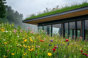 Obraz premium Modern Eco-Friendly House Surrounded by Colorful Wildflower Meadow in Serene Natural Environment