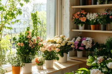 Bright and Colorful Flower Shop Interior with Natural Light and Fresh Floral Arrangements in Stylish Pots