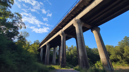 Dynamic Low-Angle Photograph of a Highway Bridge Featuring Strong Concrete Pillars Against a Bright Blue Sky, Reflecting the Mastery of Civil Engineering