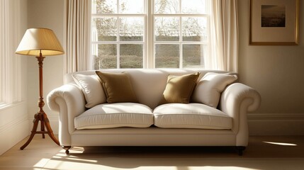 Fototapeta premium The beige sofa and wooden floor lamp create a warm, inviting corner in the living room, complemented by soft daylight streaming through the window.