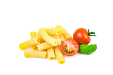 composition of raw rigatoni pasta, ripe red tomato and fresh basil leaves on a white background.