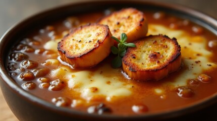 bowl of French onion soup, topped with melted cheese and crispy bread