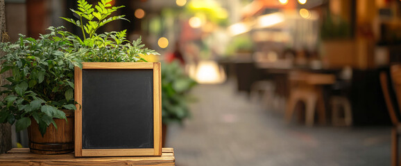 Blank Chalkboard on Wooden Stand with Green Plants in Outdoor Urban Setting