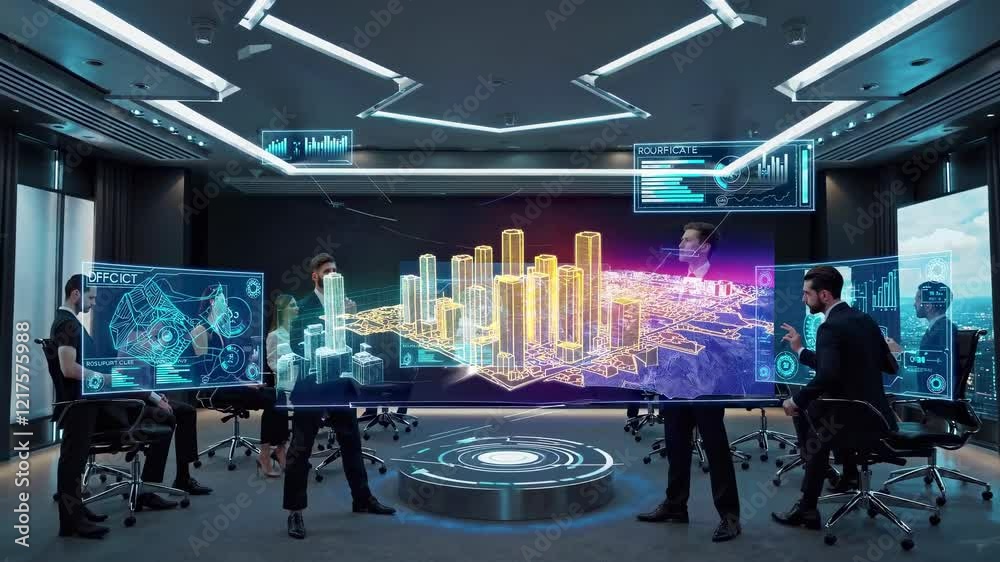 Aufkleber innovative technology conference showcasing 3d data visualization in a modern meeting environment