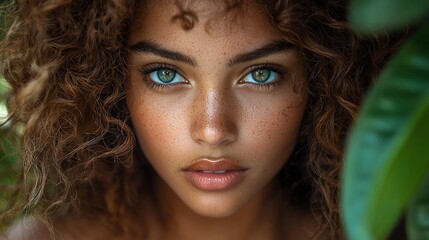 Close-up portrait of a young woman with curly brown hair and green eyes, framed by lush green leaves.