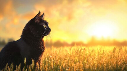 Obraz premium Majestic Black Cat Silhouetted Against a Stunning Sunset in a Lush Field of Golden Grasses