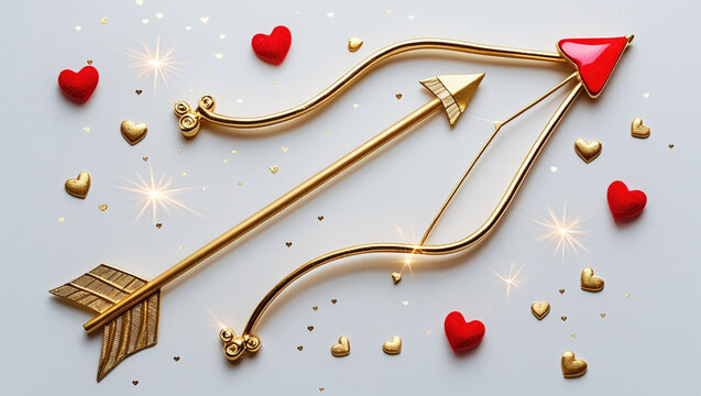 A Cupid’s bow and arrow made of golden metal, with the arrow’s tip shaped like a red heart, placed on a clean white background.