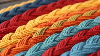 Close-Up of Colorful Woven Yarn Braided Pattern Highlighting Handicrafts and Creative Textile Design