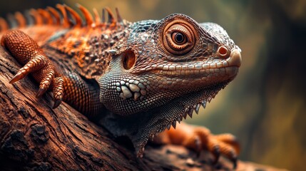 Fototapeta premium A lizard is laying on a log with its tongue out