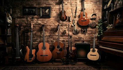 Musical instruments displayed in a cozy brick-wall studio, capturing a warm and creative ambiance  -