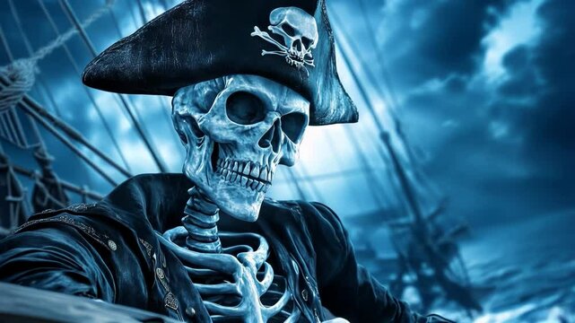 A skeleton dressed as a pirate stands at the helm, navigating a ship through dark, turbulent waters with ominous skies above