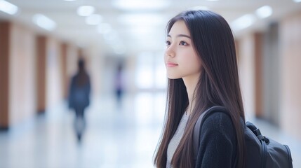 Naklejka premium Young student walking in university hallway, contemplating future
