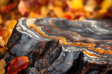 Fototapeta premium A captivating close-up of a petrified wood specimen, showcasing intricate layers of color and texture amidst autumn leaves.
