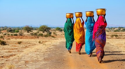 Four women in colorful garments walk along a dusty path, balancing golden pots on their heads against a clear blue sky.