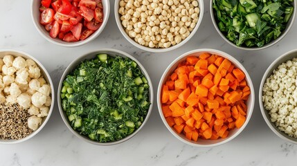 Colorful bowls of fresh vegetables and grains arranged neatly, showcasing a healthy assortment for meal preparation or salad making.