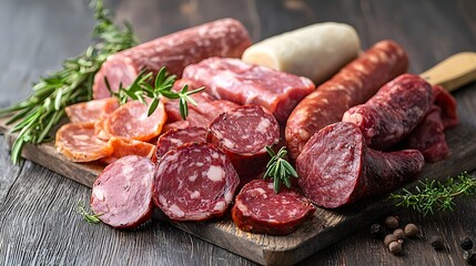 Rustic charcuterie board featuring an assortment of sliced cured meats, sausages and salami garnished with fresh rosemary. Culinary, food styling and rustic dining