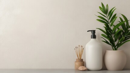A serene display of a white soap dispenser, a wooden jar with sticks, and a green plant, set against a soft, neutral background.