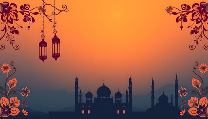 Obraz premium Mosque Silhouette at Sunset with Hanging Lanterns and Floral Designs