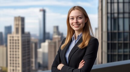 Fototapeta premium Confident young professional smiles while posing in a city skyline background during a sunny day. Real Estate Sales Manager