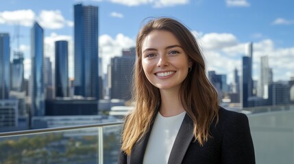 Young woman smiling confidently against a city skyline on a sunny day in an urban setting. Real Estate Sales Manager