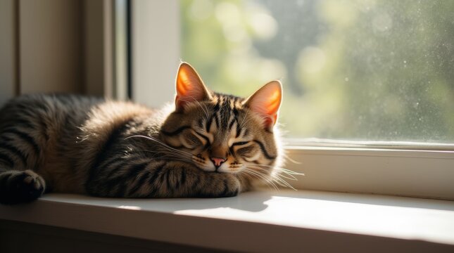 A tabby cat sleeping on a windowsill, basking in the sunlight, with soft shadows and a peaceful atmosphere, outdoor view visible in the background.