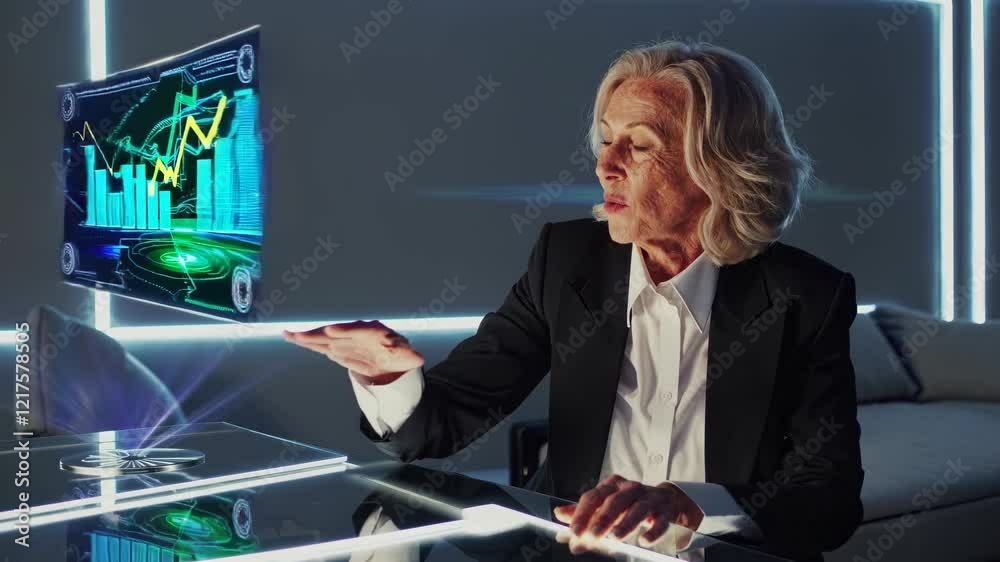 Poster innovative technology showcase featuring a woman demonstrating interactive holographic displays in a