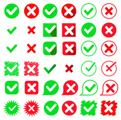 Green check mark and red cross icon set, circle and square. Tick symbol in green color. Hand drawn checkmark illustration. Vector illustration