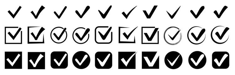 Green check mark and red cross icon set, circle and square. Tick symbol in green color. Hand drawn checkmark illustration. Vector illustration