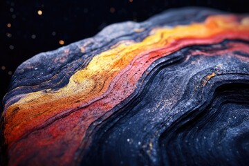 Naklejka premium Close-up of layered rock formation with vibrant hues of orange, red, and blue, resembling a cosmic landscape.