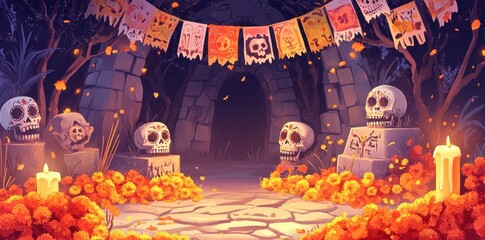 Dia De Los Muertos Altar Scene With Skulls And Flowers