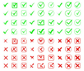 Green check mark and red cross icon set, circle and square. Tick symbol in green color. Hand drawn checkmark illustration. Vector illustration