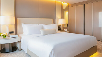 Modern hotel room featuring a spacious king-sized bed