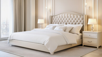 Elegant bedroom design featuring a plush bed and soft lighting