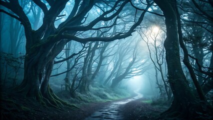 Naklejka premium Enchanted Forest with Twisted Trees and Misty Pathway for Fantasy and Supernatural Themes