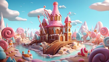 A vibrant candy house with pink frosting-like rooftops, surrounded by oversized lollipops, candy canes, and a serene river in a whimsical candyland landscape.