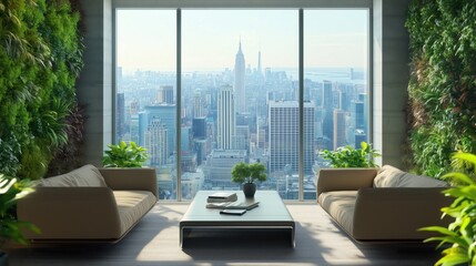 Fototapeta premium The bright and airy office lounge blends contemporary design with greenery, as large windows frame the expansive urban landscape.