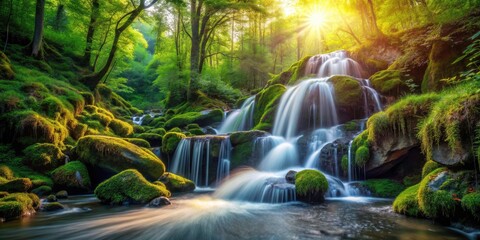 Obraz premium Lush greenery frames a peaceful stream and cascading waterfall in this tranquil forest backdrop.