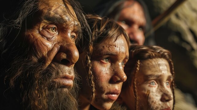 A group of Neanderthals, featuring a male and female adult with children, expressing curiosity.